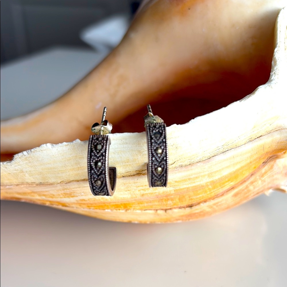 Silver 925 Patterned Hoop Earrings